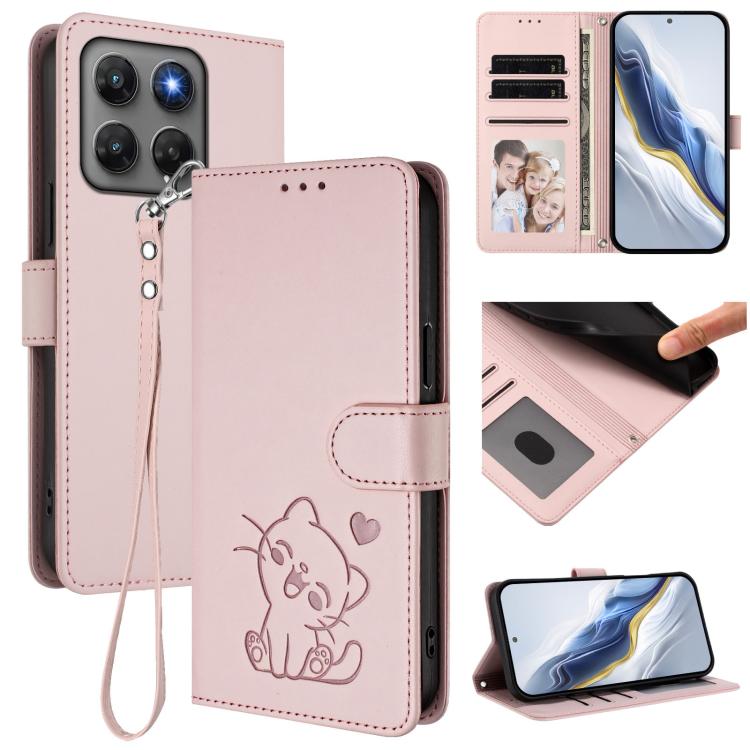 For Motorola Moto G47 5G / G37 / G37 Power 5G Embossed Heart Cat Leather Phone Case with Hand Strap(Pink)