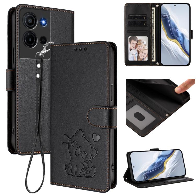 For TCL K32 5G / K33 5G Embossed Heart Cat Leather Phone Case with Hand  Strap(Black)
