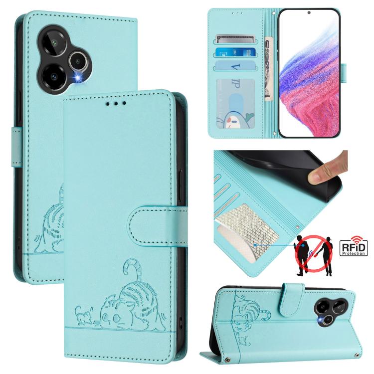 For AT&T Verge 2 Cat Rat Embossed Pattern RFID Leather Phone Case with  Lanyard(Mint Green)