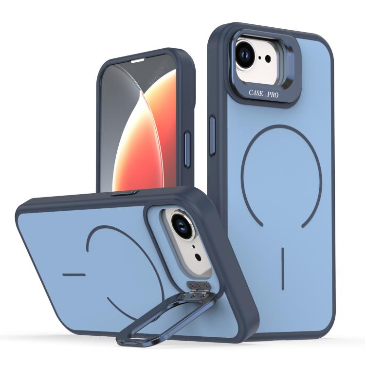 For iPhone 17e / 16e Bright Color Contrast Skin-feel Camera Bracket Magsafe Phone Case(Blue)