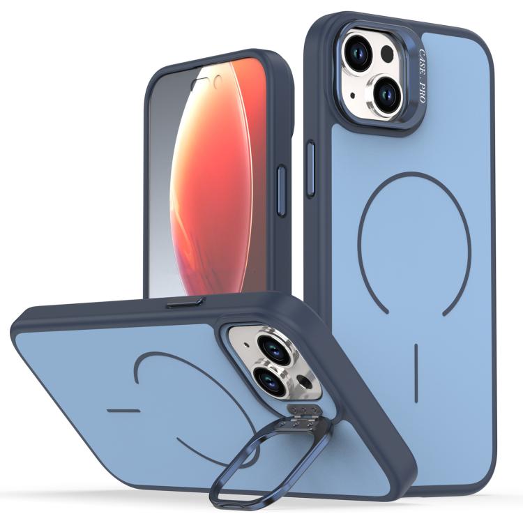 For iPhone 14 Plus Bright Color Contrast Skin-feel Camera Bracket Magsafe Phone Case(Blue)