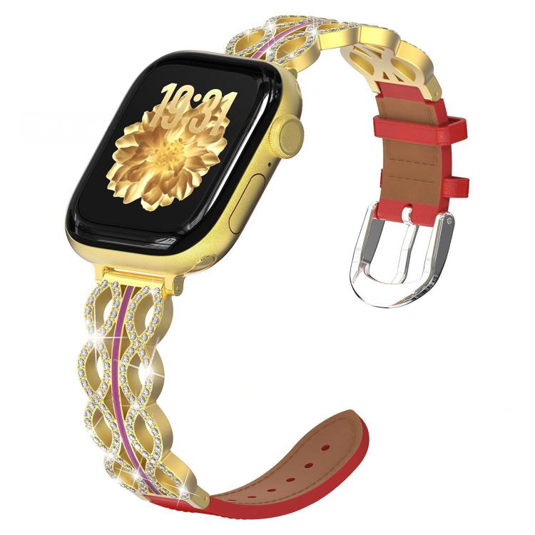 For Apple Watch 38 / 40 / 41 / S11 42mm xDfind Diamond Stainless Steel Hybrid Genuine Leather Watch Band(Gold + Red)