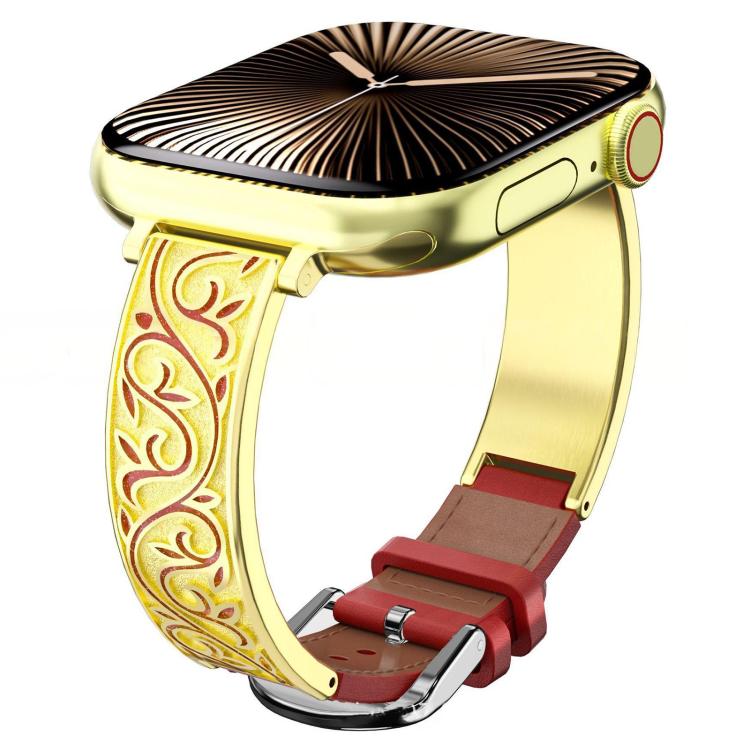 For Apple Watch 38 / 40 / 41 / S11 42mm xDfind Retro Floral Carving Stainless Steel Hybrid Genuine Leather Watch Band(Gold + Wine Red)