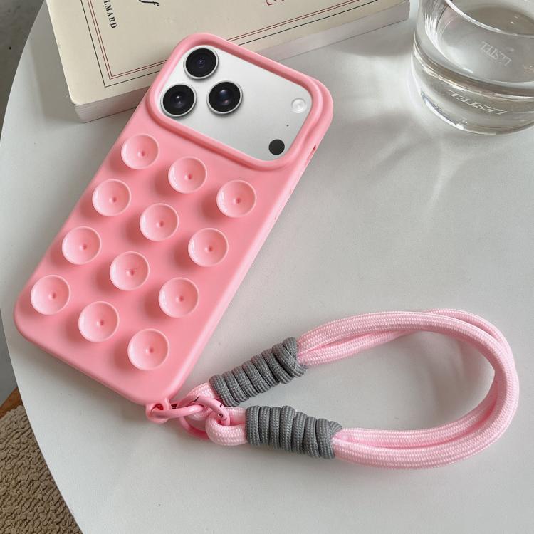 For iPhone 17 Pro Max Simple Suction Cup Silicone Phone Case with  Lanyard(Pink)