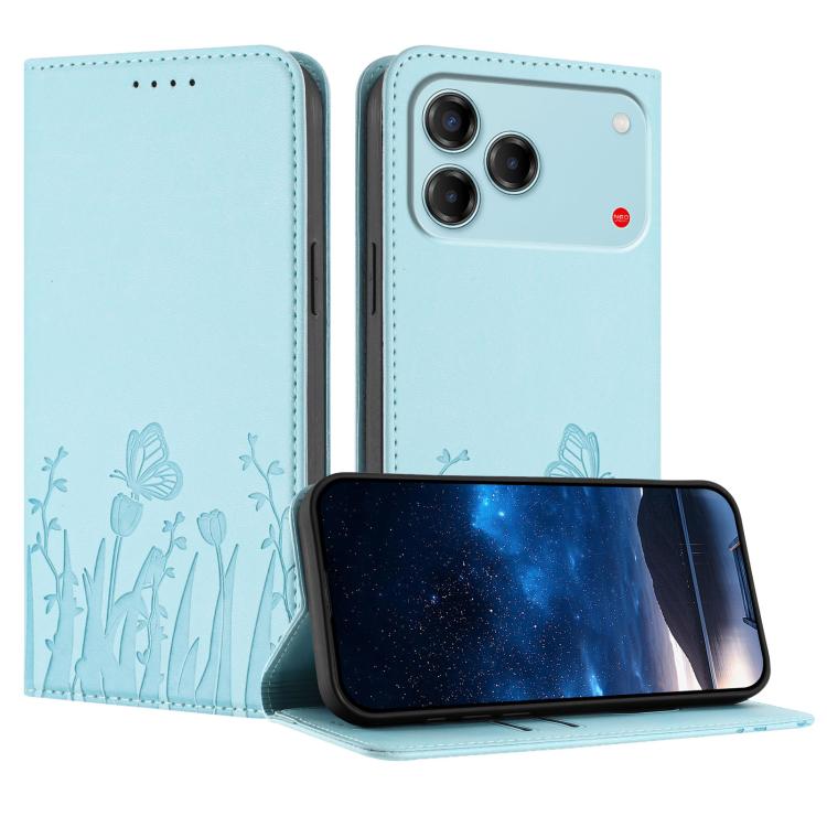 For ZTE Blade V80 Vita Tulips Butterfly Pattern Magnetic Vegan Leather Phone Case(Light Blue)