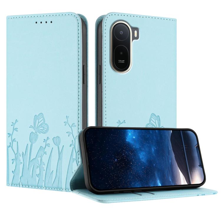 For Redmi A7 Pro 4G Tulips Butterfly Pattern Magnetic Vegan Leather Phone Case(Light Blue)