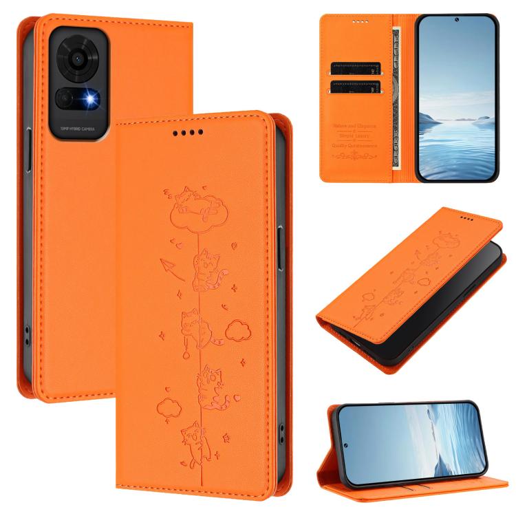 For TCL 50 LE / TCL K23 / TCL K24 Cute Cats Embossed Magnetic RFID Vegan  Leather Phone Case(Orange)