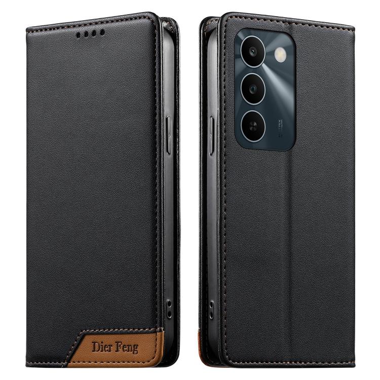 For Realme C100 4G Dierfeng Splicing Strong Magnetic RFID Vegan Leather Phone Case(Black)