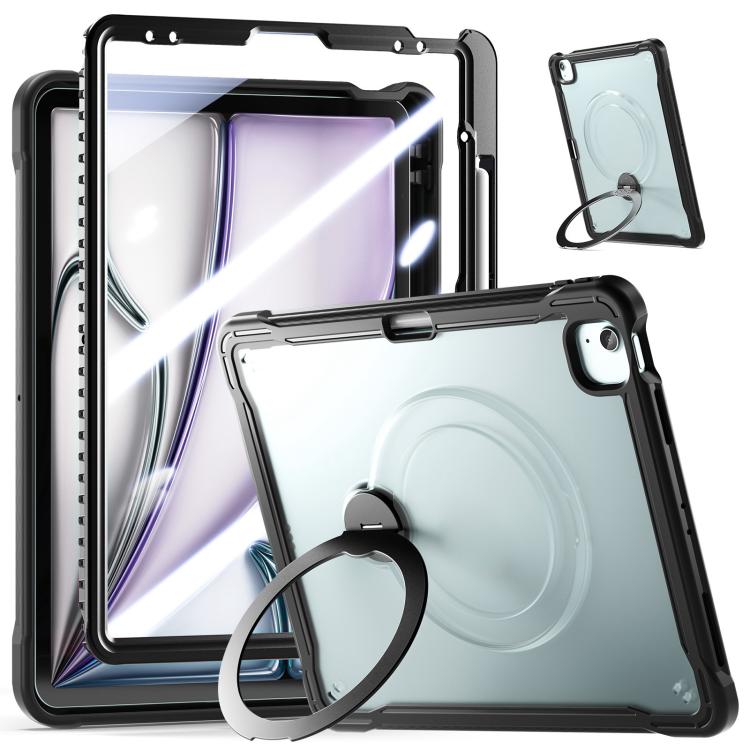 For iPad Air 13 2026 / 2025 / 2024 Powerful Sailor Metal Holder Hybrid Tablet Case with Strap & Glass Film(Black Clear)