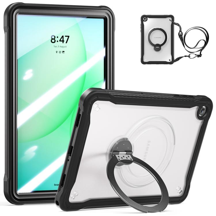 For Samsung Galaxy A11+ Powerful Sailor Metal Holder Hybrid Tablet Case with Strap & Glass Film(Black Clear)