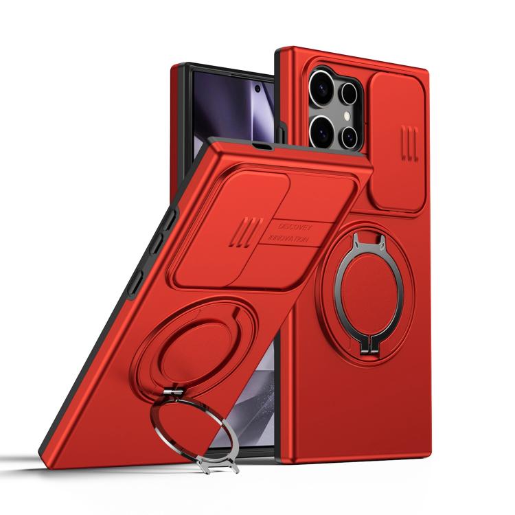 For Galaxy S23 Ultra / S22 Ultra Camera Sliding Shield Magnetic Rotation Holder Phone Case(Red)