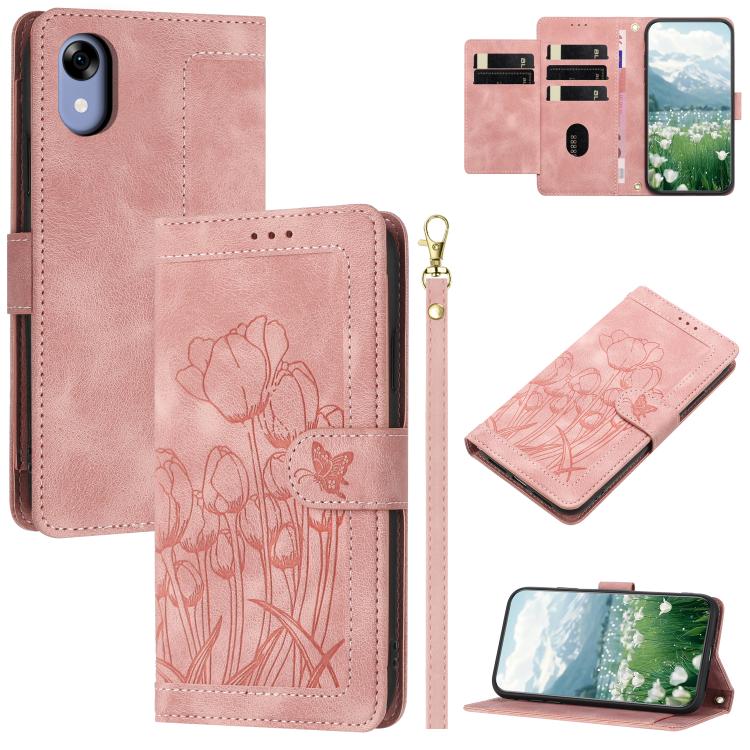 For ZTE Kantan Sumaho5 A601ZT Tulips Embossed Leather Phone Case with Lanyard(Pink)