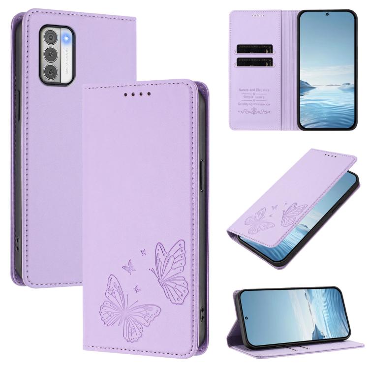 For Nokia G42 / G310 Strong Magnetic Dual Butterfly RFID Vegan Leather Phone Case(Light Purple)