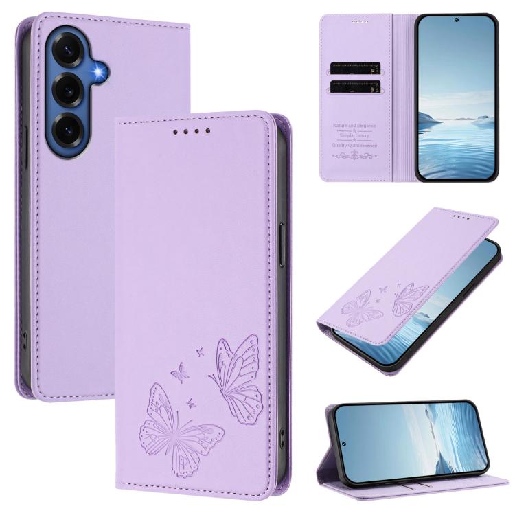 For Samsung Galaxy S26+ 5G Strong Magnetic Dual Butterfly RFID Vegan Leather Phone Case(Light Purple)