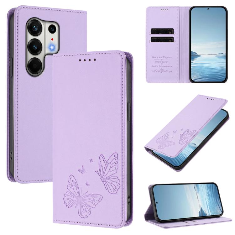 For Tecno Camon 50 Pro 4G Strong Magnetic Dual Butterfly RFID Vegan Leather Phone Case(Light Purple)