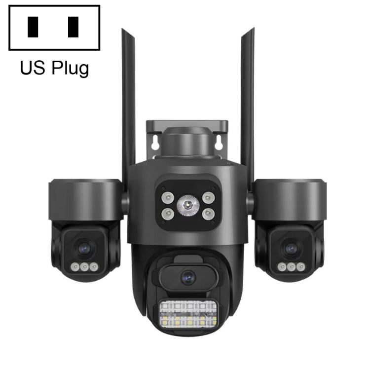 ICSee Triple-Lens 3MP Wireless WiFi Security Camera, Three-Screen Panoramic PTZ IP Camera with Full-Color Night Vision, Power Plug:US Plug(White)