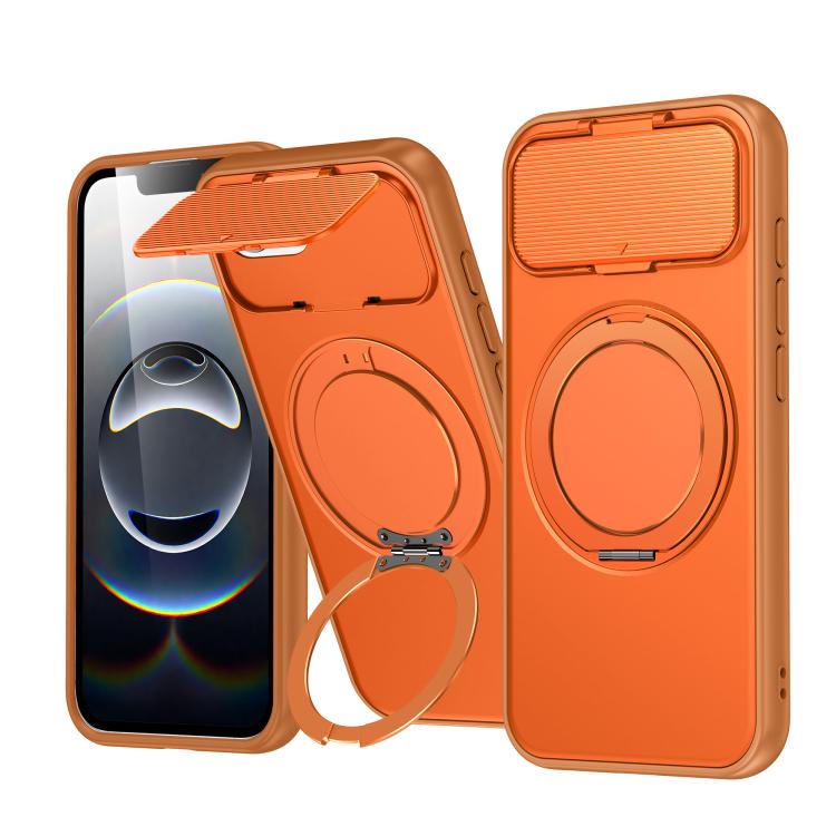 For iPhone 17e / 16e ShellGod Magnetic Rotation Holder Lens Shield PC TPU Hybrid Phone Case(Orange)