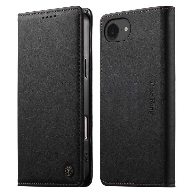 For iPhone 17e / 16e Dierfeng Metal Snap Magnetic RFID Vegan Leather Phone Case(Black)