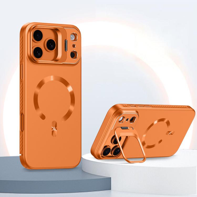 For iPhone 17 Pro Max Ice Crystal Solid Color U-Shaped Magnetic Invisible Lens Holder Frosted Phone Case(Orange)