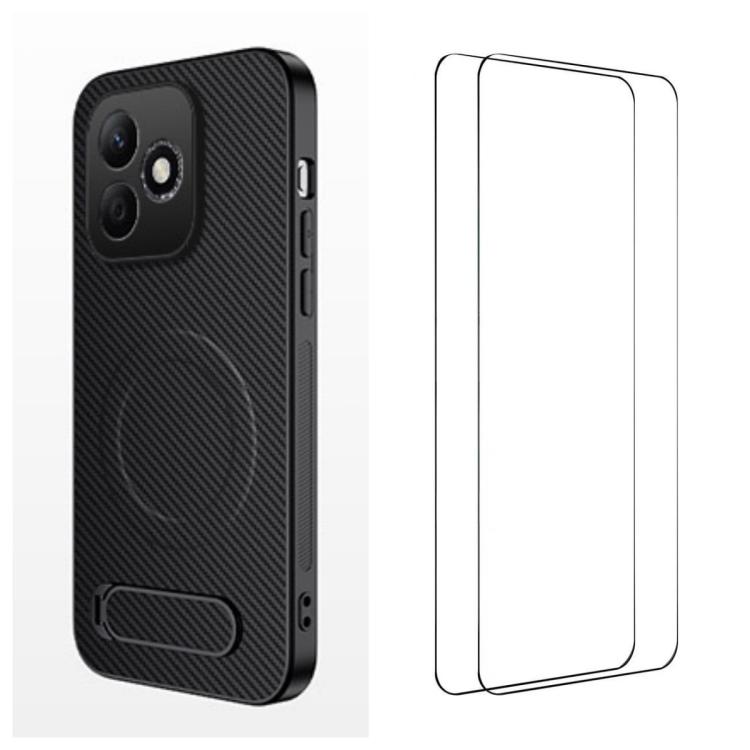 For Honor 600 Lite Global WANLONFENG Kickstand Carbon Fiber Texture Magnetic Phone Case with 2pcs Screen Films(Black)