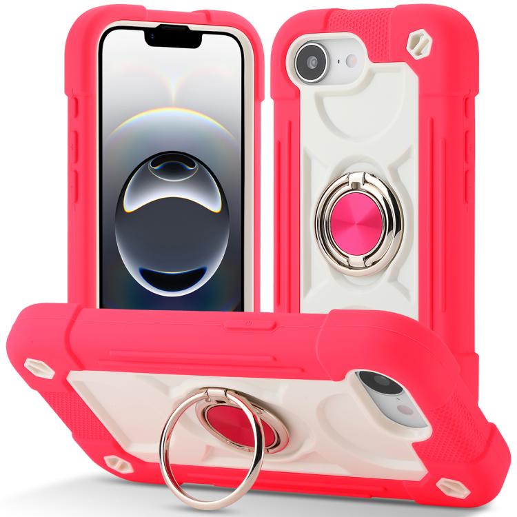 For iPhone 17e / 16e Dual Ring 360 Degree Rotation Holder PC Hybrid Silicone Phone Case(Rose Red)