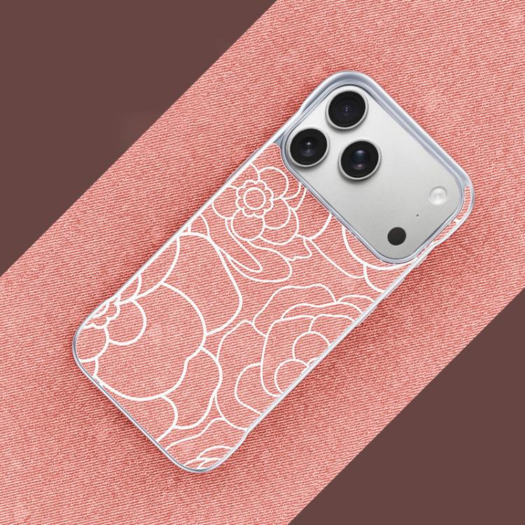 For iPhone 17 Pro Max Embossed Camellia Flower Linen Fabric Magnetic Half Coverage Phone Case(Pink)
