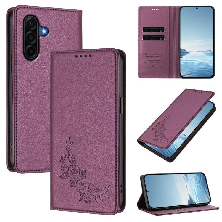 For Samsung Galaxy A57 5G Peony Embossed Magnetic RFID Vegan Leather Phone Case(Violet Purple)