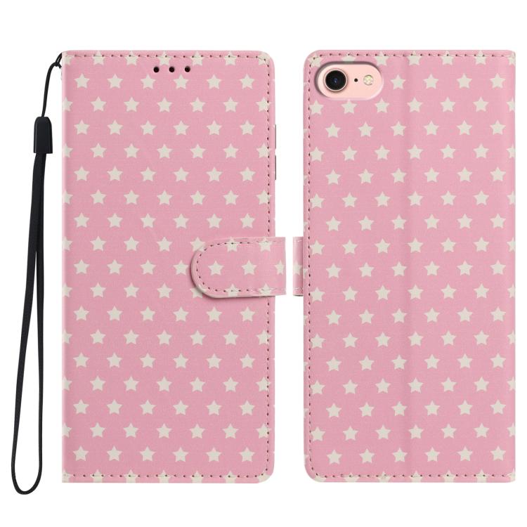 For iPhone 17e / 16e Star Pattern Magnetic Buckle Vegan Leather Phone Case with Wrist Strap(Pink)