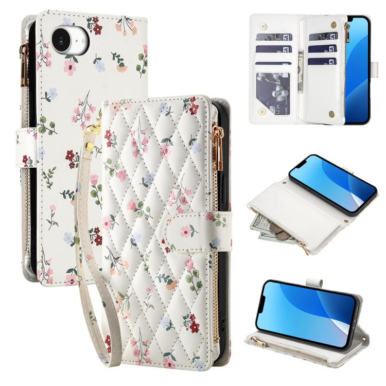 For iPhone 17e / 16e Flower Pattern Zipper Wallet Vegan Leather Phone Case with Lanyard(Pink Flowers)