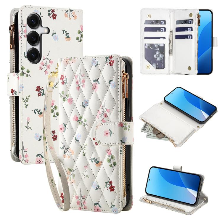 For Samsung Galaxy S26+ 5G Flower Pattern Zipper Wallet Vegan Leather Phone Case with Lanyard(Pink Flowers)