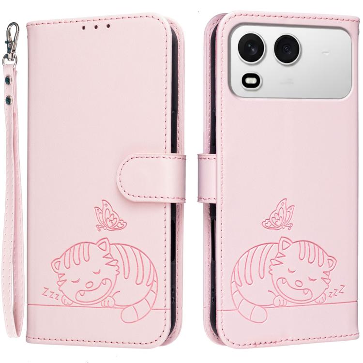 For Itel A200 4G Cat Butterfly Embossed RFID Vegan Leather Phone Case with Strap(Pink)