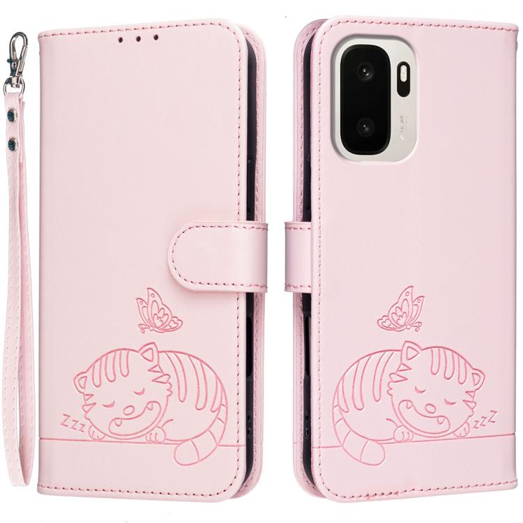 For OnePlus Ace 6 Ultra 5G Cat Butterfly Embossed RFID Vegan Leather Phone Case with Strap(Pink)