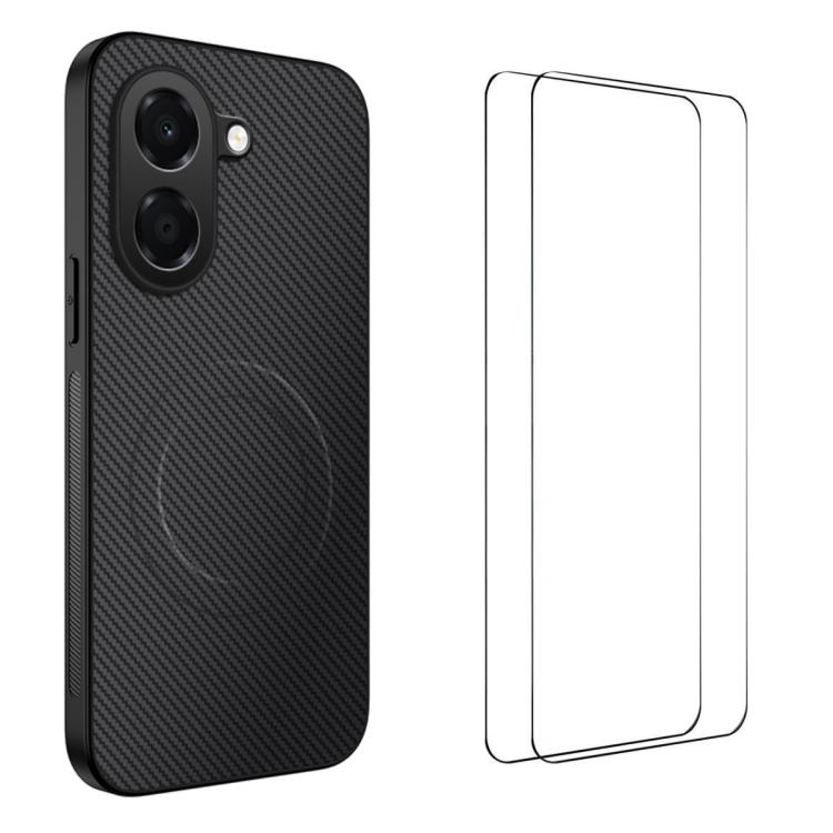 For Honor X7e 4G WANLONFENG TQ1 Series Magnetic Carbon Fiber Texture Phone Case with 2pcs Screen Films(Black)