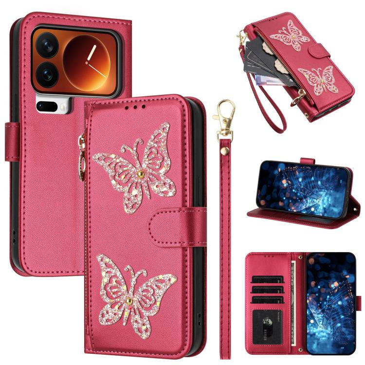 For Xiaomi 17 Pro Max Glitter Butterfly Zipper Vegan Leather Phone Case with Wrist Strap(Rose Red)