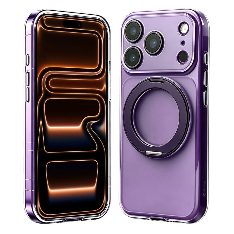 For iPhone 17 Pro Max Change to 17 Pro Silicone Magnetic Phone Case with 360 Degrees Rotating Holder(Dark Purple)