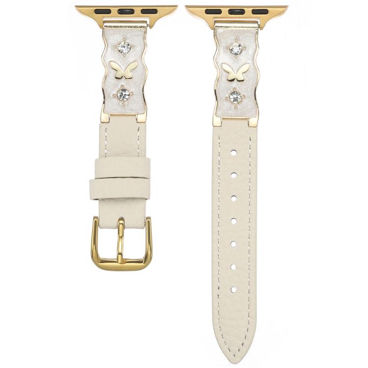For Apple Watch 46mm / 49mm / 45mm / 44mm Shooting Star Epoxy Butterfly Lychee Grain Leather Watch Band(Beige)