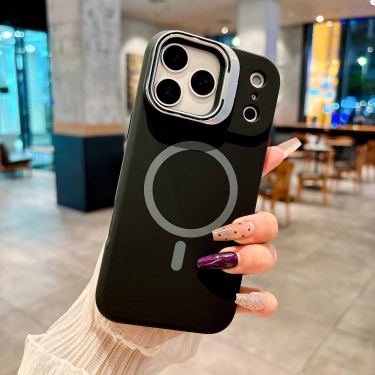 For iPhone 17 Pro Max Liquid Silicone Magnetic Phone Case with Lens Frame Holder(Black)