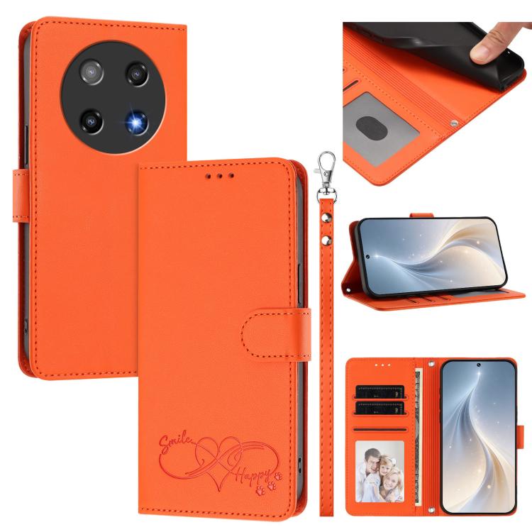 For Coolpad C16 Happy Heart Pattern Magnetic Closure Vegan Leather Phone Case with Wrist Strap(Orange)