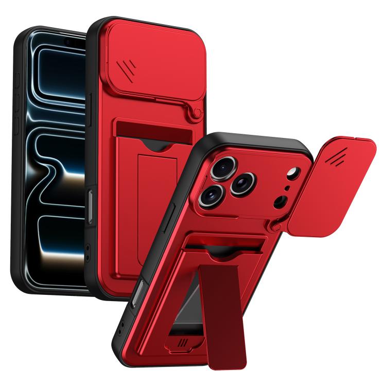 For iPhone 17 Pro Max Card Holder Series Sliding Lens Cover PC Hybrid TPU Phone Case(Red)