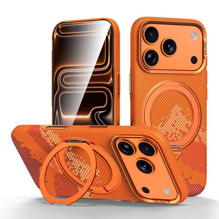 For iPhone 17 Pro Max SULADA Kevlar Pixel Grid Texture Rotation Magnetic Holder Phone Case(Orange)