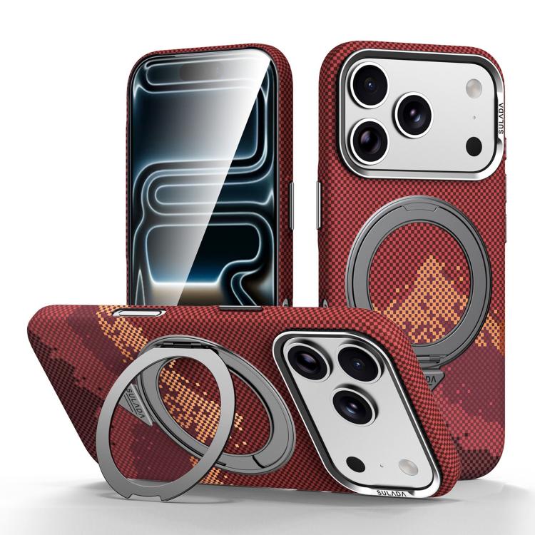 For iPhone 17 Pro Max SULADA Kevlar Pixel Grid Texture Rotation Magnetic Holder Phone Case(Red)