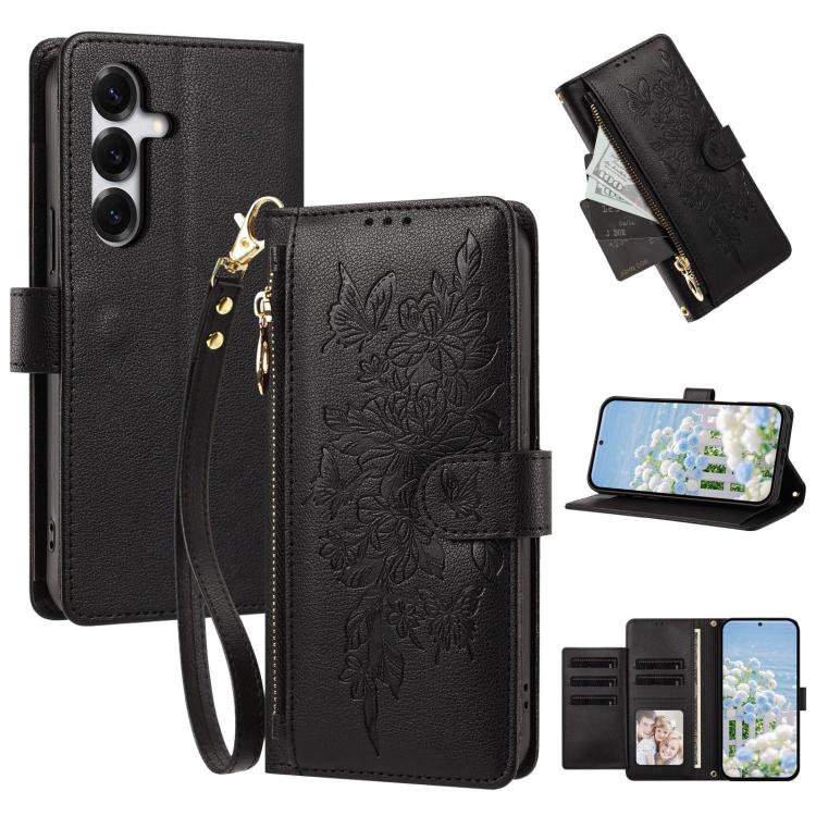 For Galaxy S26 FE 5G Butterfly Flower Zipper Wallet Vegan Leather Phone Case with Strap(Black)