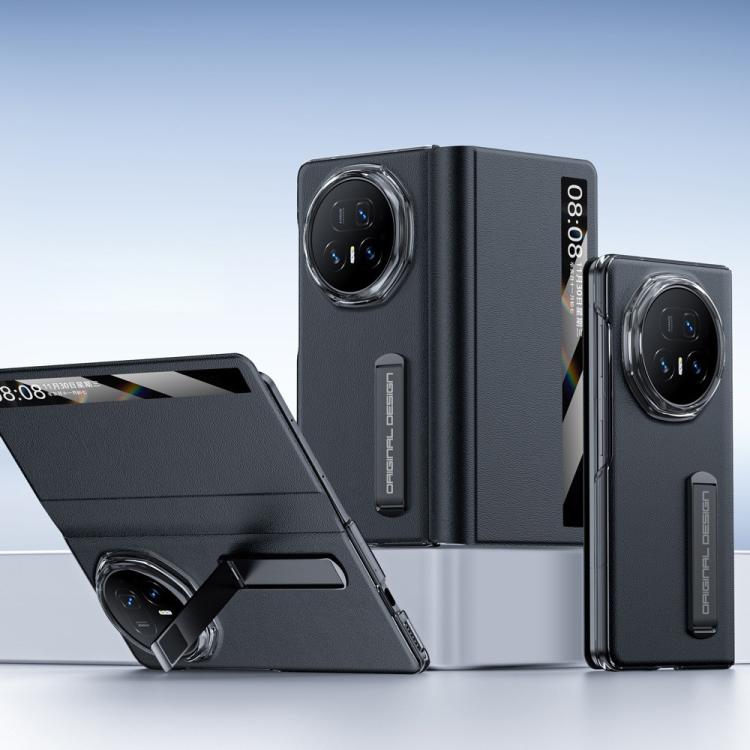 For Honor Magic V5 Ultra-thin Smart View Window Genuine Leather Phone Case with Holder(Black)
