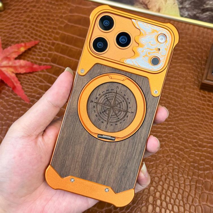 For iPhone 17 Pro Max Horse-face Walnut 360 Holder Magnetic Phone Case(Orange)
