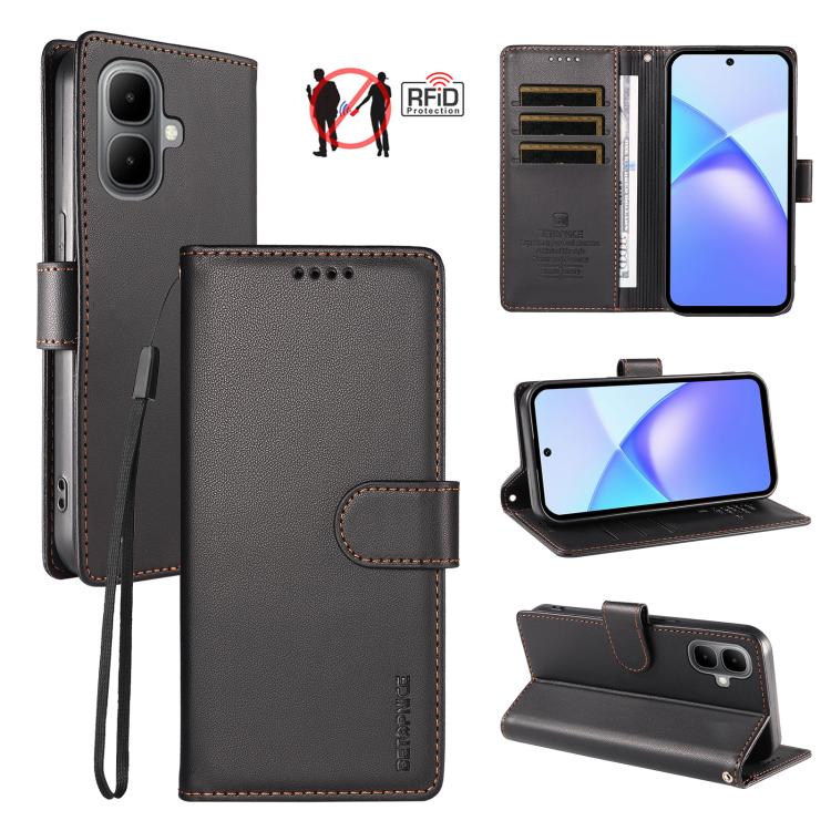 For Infinix Smart 10 4G / Tecno Pop 10 BETOPNICE Pearlescent RFID Vegan Leather Phone Case with Strap(Black)