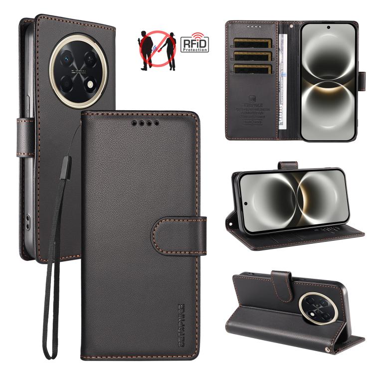 For Huawei Enjoy 90 Pro Max 5G BETOPNICE Pearlescent RFID Vegan Leather Phone Case with Strap(Black)
