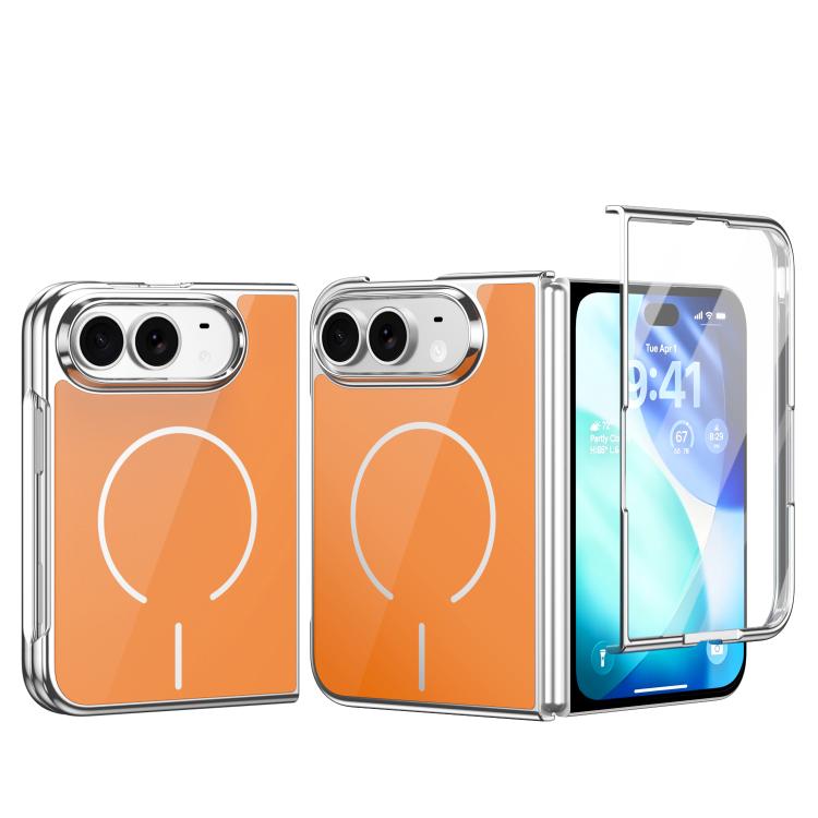 For iPhone Fold Integrated Glass Scratch Resistant Magnetic Phone Case(Orange)