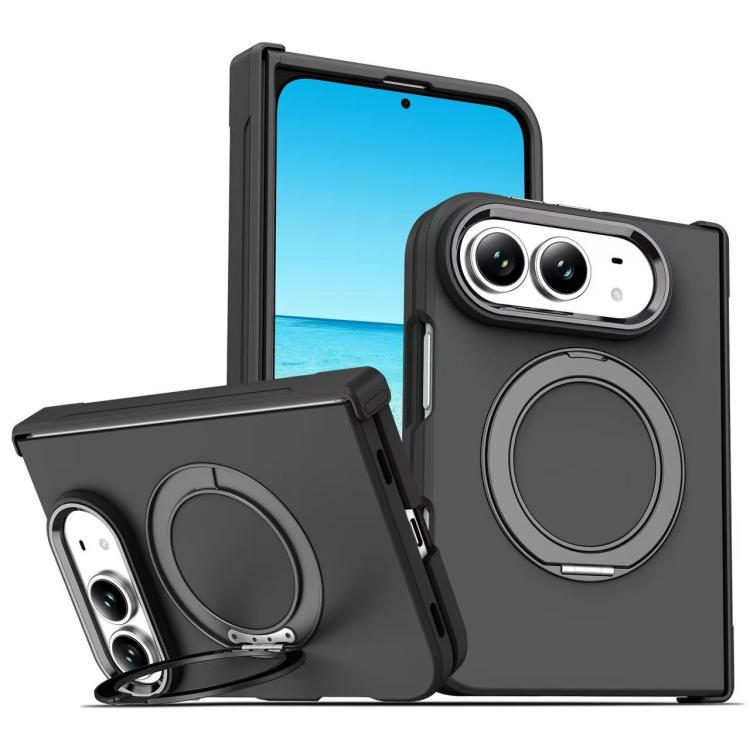 For iPhone Fold Armor-style Hinge Protection Magnetic Ring Holder Phone Case(Black)