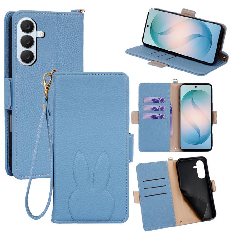 For Galaxy S26+ 5G Bunny Ears Side Magnetic Clasp Vegan Leather Phone Case with Wrist Strap(Blue)