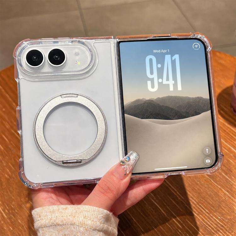 For iPhone Duo Four Corner Shockproof Space Magnetic Phone Case with 360 Degrees Rotating Holder(Transparent)